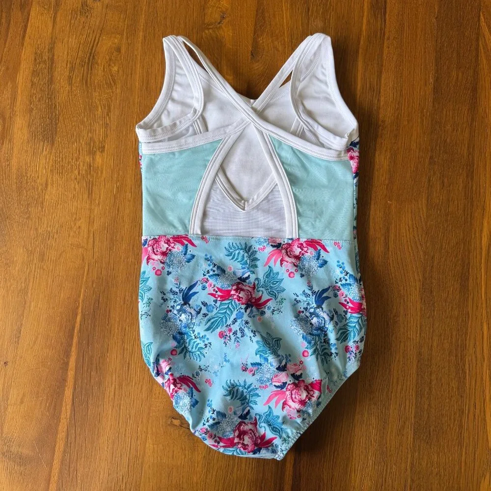 SYLVIA P Floral Leotard Girls 6 Blue Pink Lucette Gymnastics Leo Mesh Cross Back - Picture 2 of 3